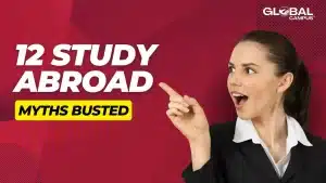 A girl pointing towards the title 12 study abroad myths busted