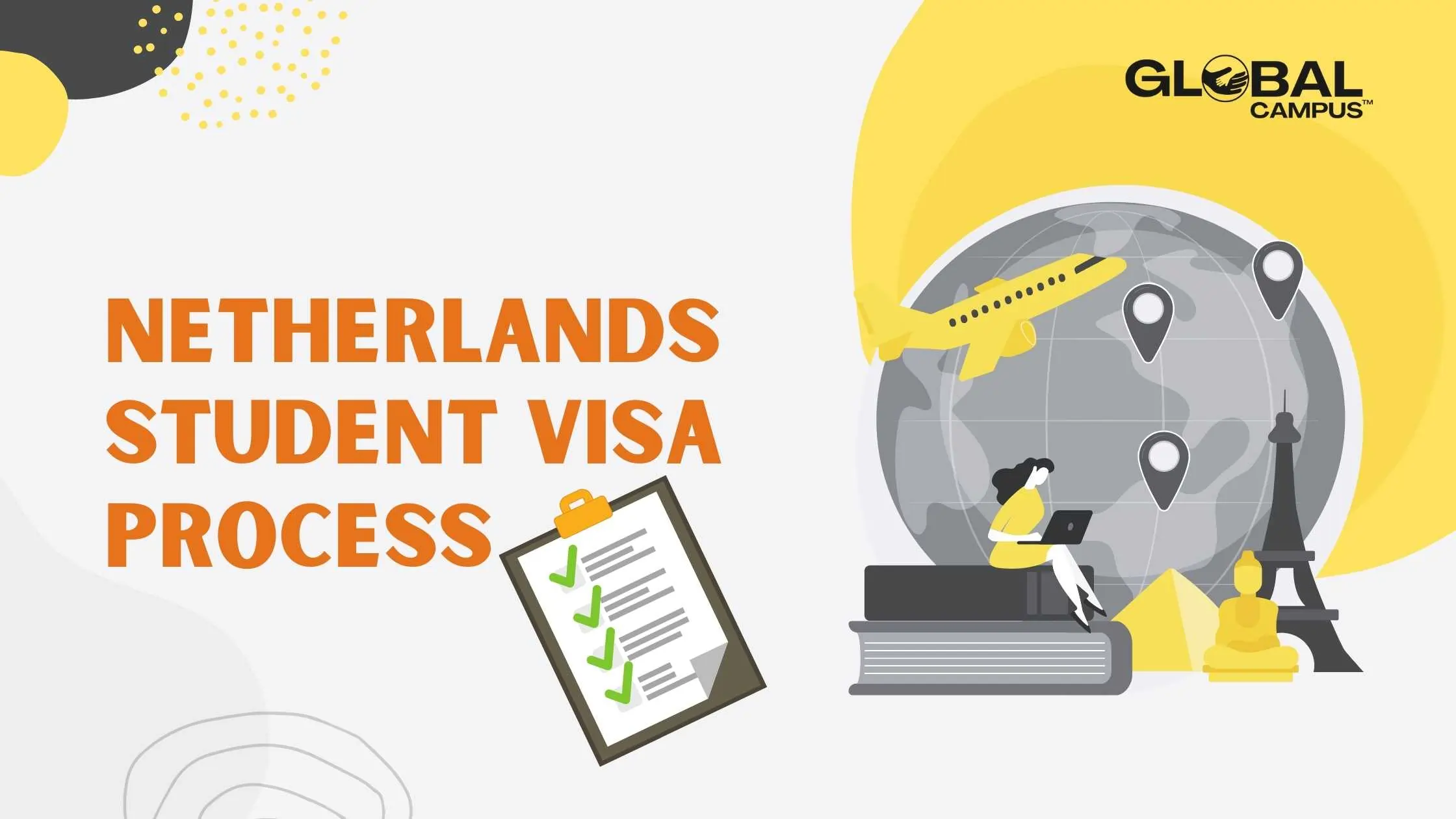 A banner with an image of student & globe mentions the Netherlands Student Visa Process.