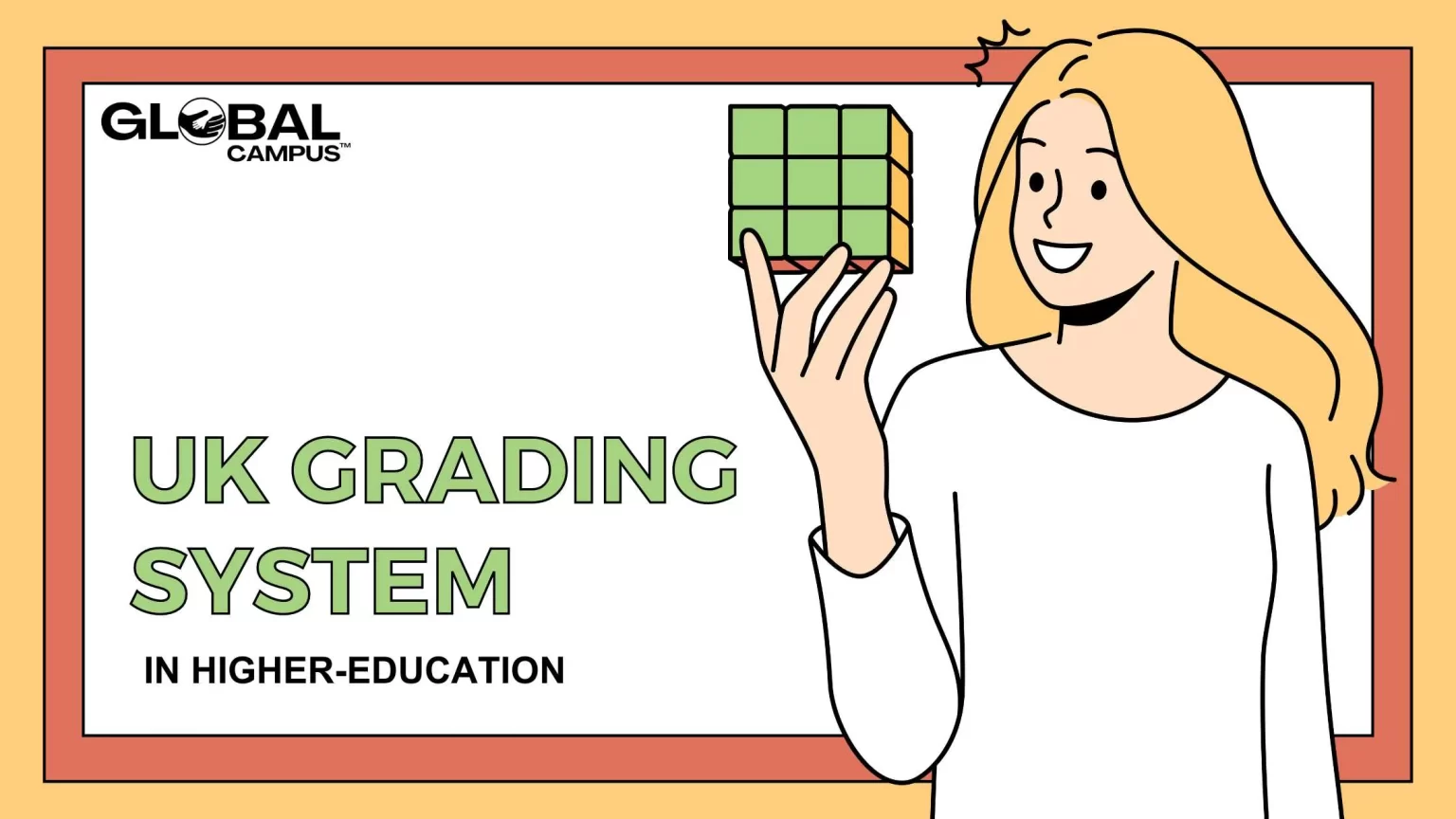 A Girl holding a cube having different levels that depict the UK higher education grading system.