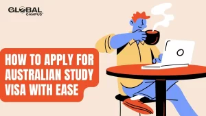 A boy sitting on a chair, working on a laptop, applying for Australian Study Visa.