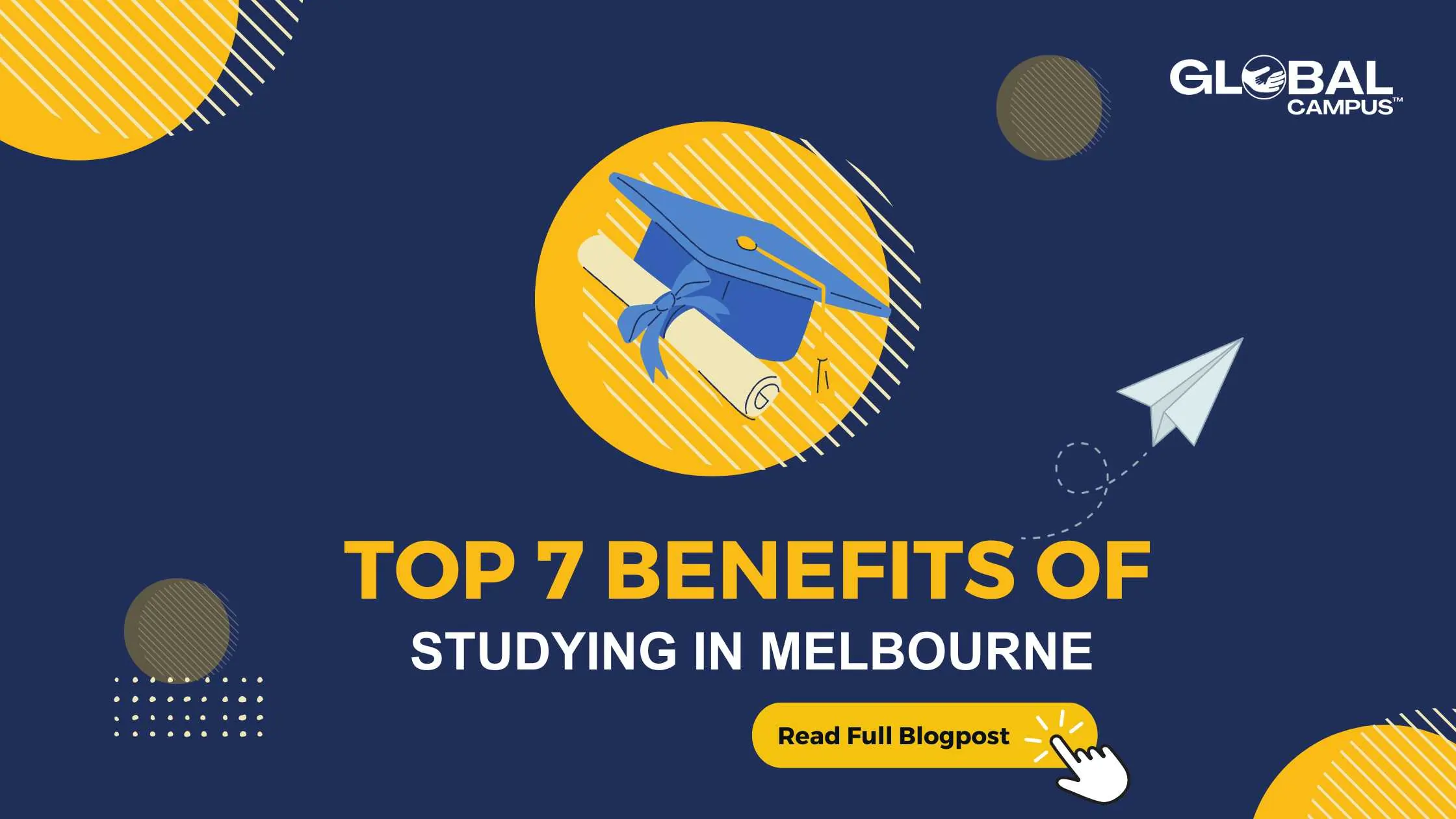 A graduation hat & degree certificate depicting the top benefits of studying & living in Melbourne, Australia.