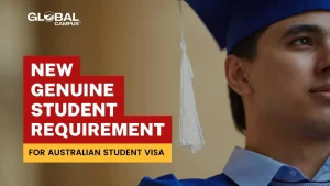A boy in a blue graduation robe showing Genuine Student Requirement for Australian Student Visa.