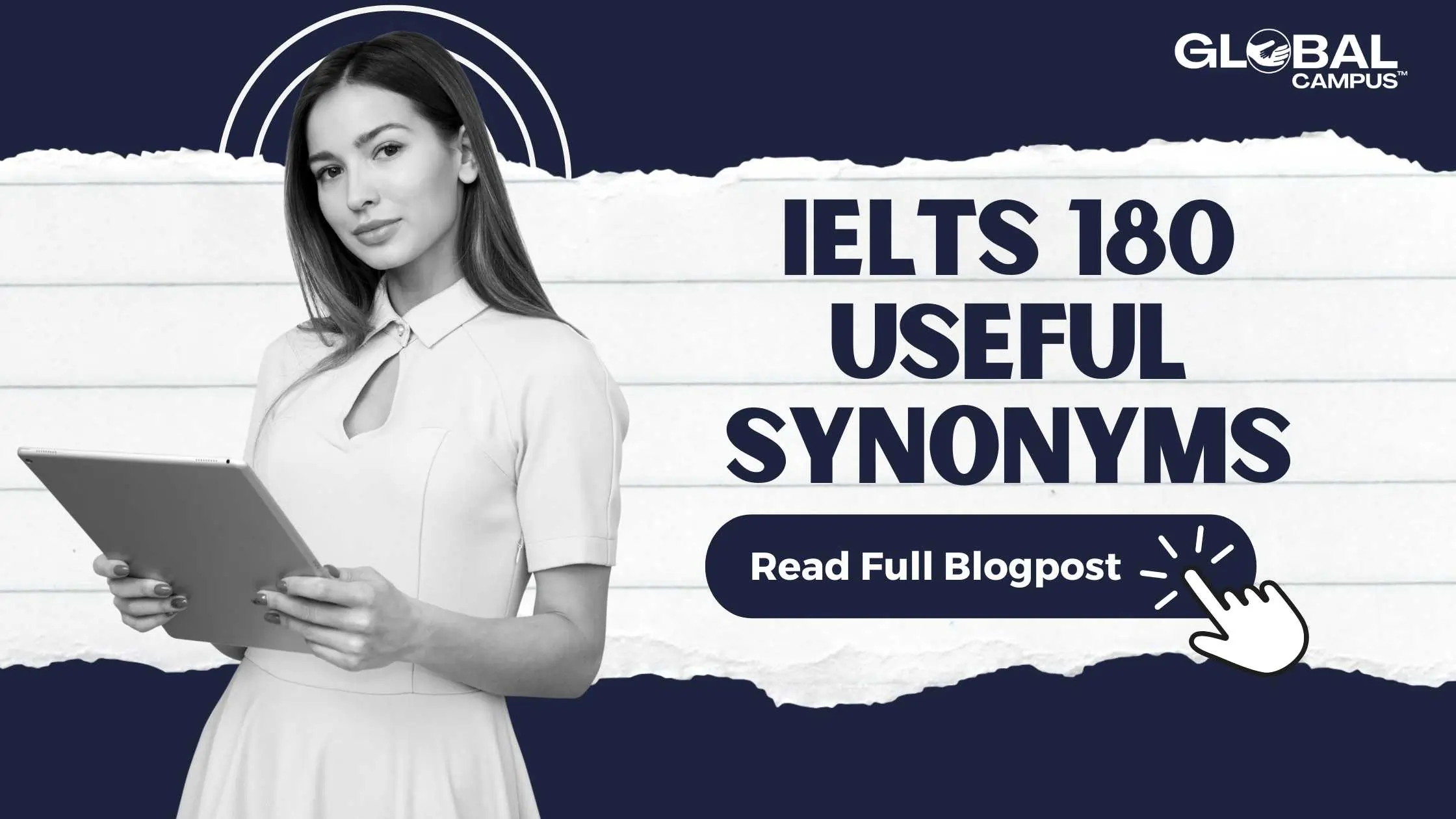 A Girl standing with a tablet & ready to teach IELTS 180 Useful Synonyms Vocabulary.