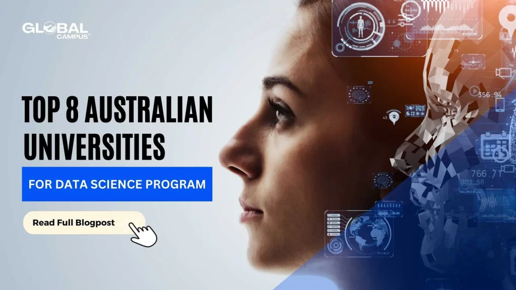 Face of a lady along with her AI image, is staring at a text that mentions Top 8 Australian Universities for Data Science Program.