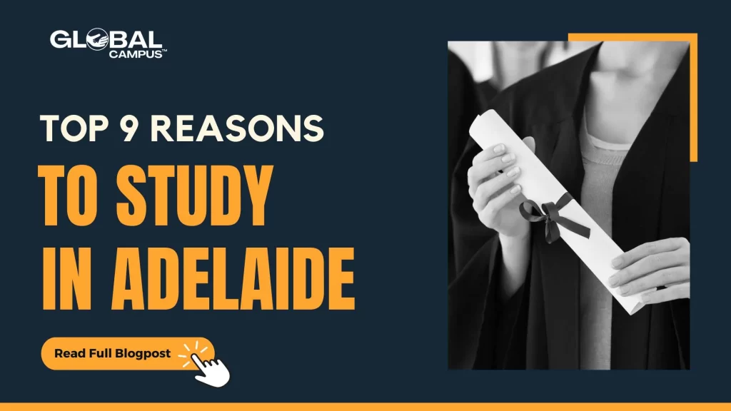 A girl holding a degree stresses the top 9 reasons to study in Adelaide, Australia.