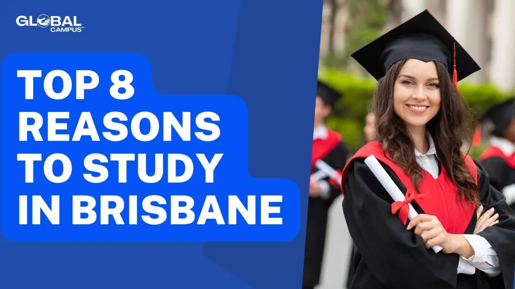A girl in a graduation cap & holding a graduation degree boasts the top 8 reasons to study in Brisbane. Australia.