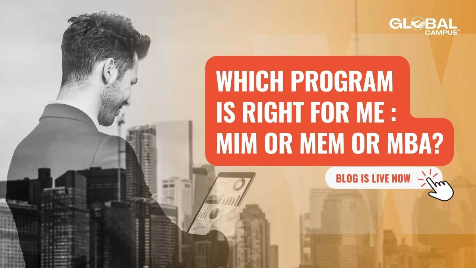 An executive holding a tablet explaining the differences between MIM, MEM & MBA.