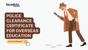 A detective with a lens looking over some footprints leading to a title by the name police clearance certificate for overseas education.