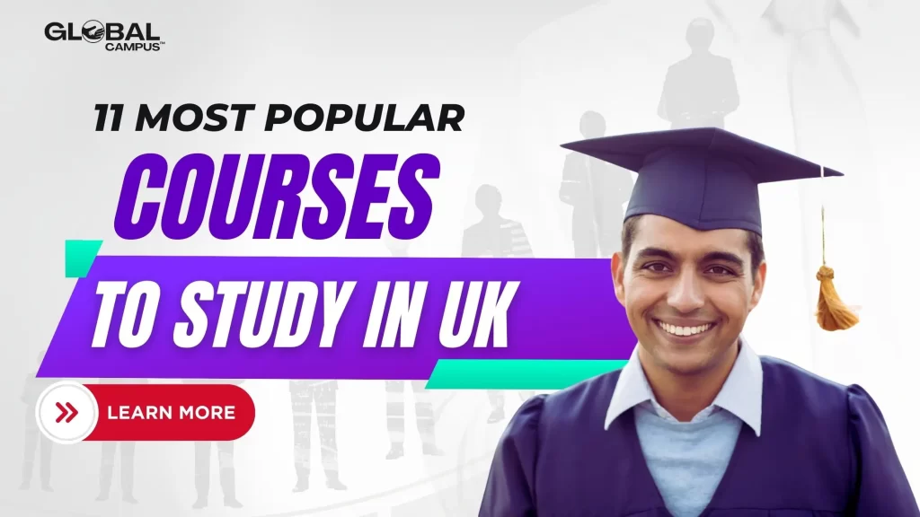 student in graduation robe smiling & depicting 11 most popular courses to study in uk for international students.