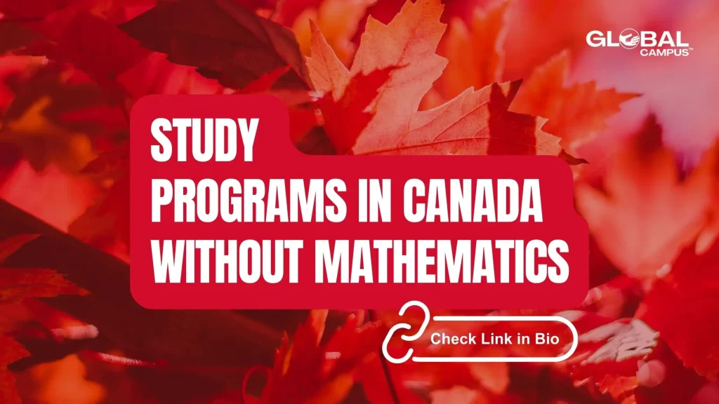 Maple leaves in background with a banner on Study Programs in Canada Without Maths.