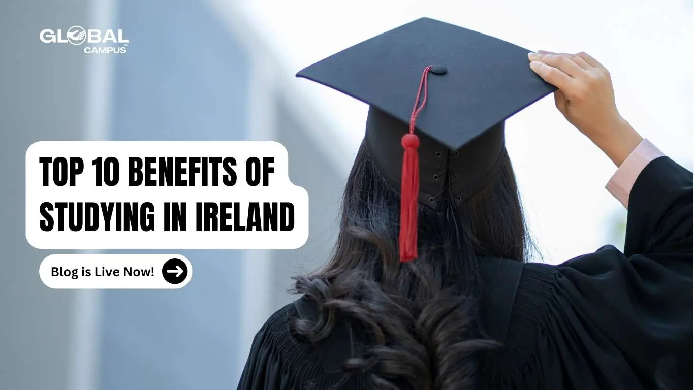 Girl with a graduation hat in the background depicting the "top 10 benefits of studying in Ireland".