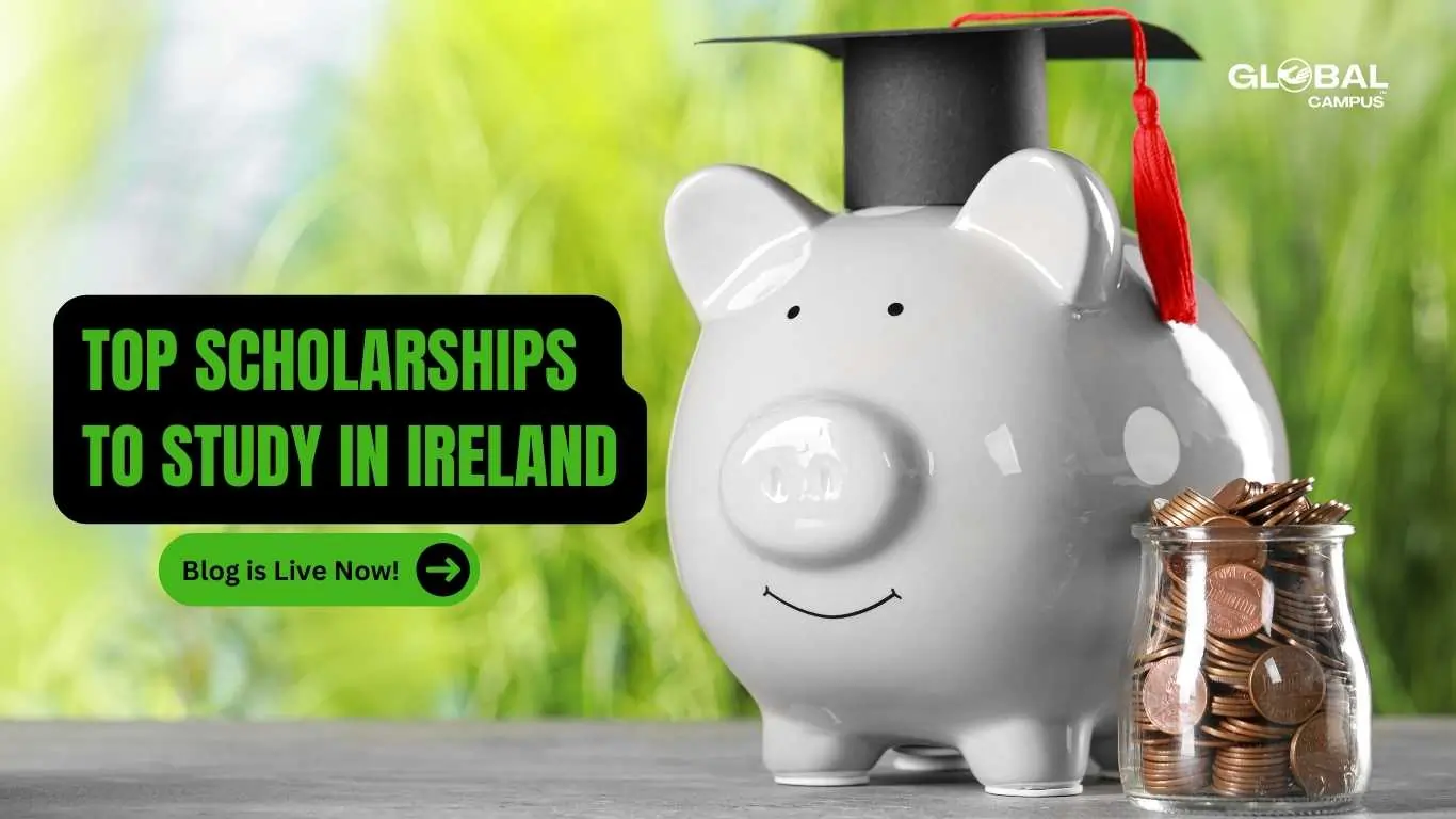 A Piggy bank with graduation hat and coins in a glass jar beside it depicting the "top scholarships for International Students to Study in Ireland"