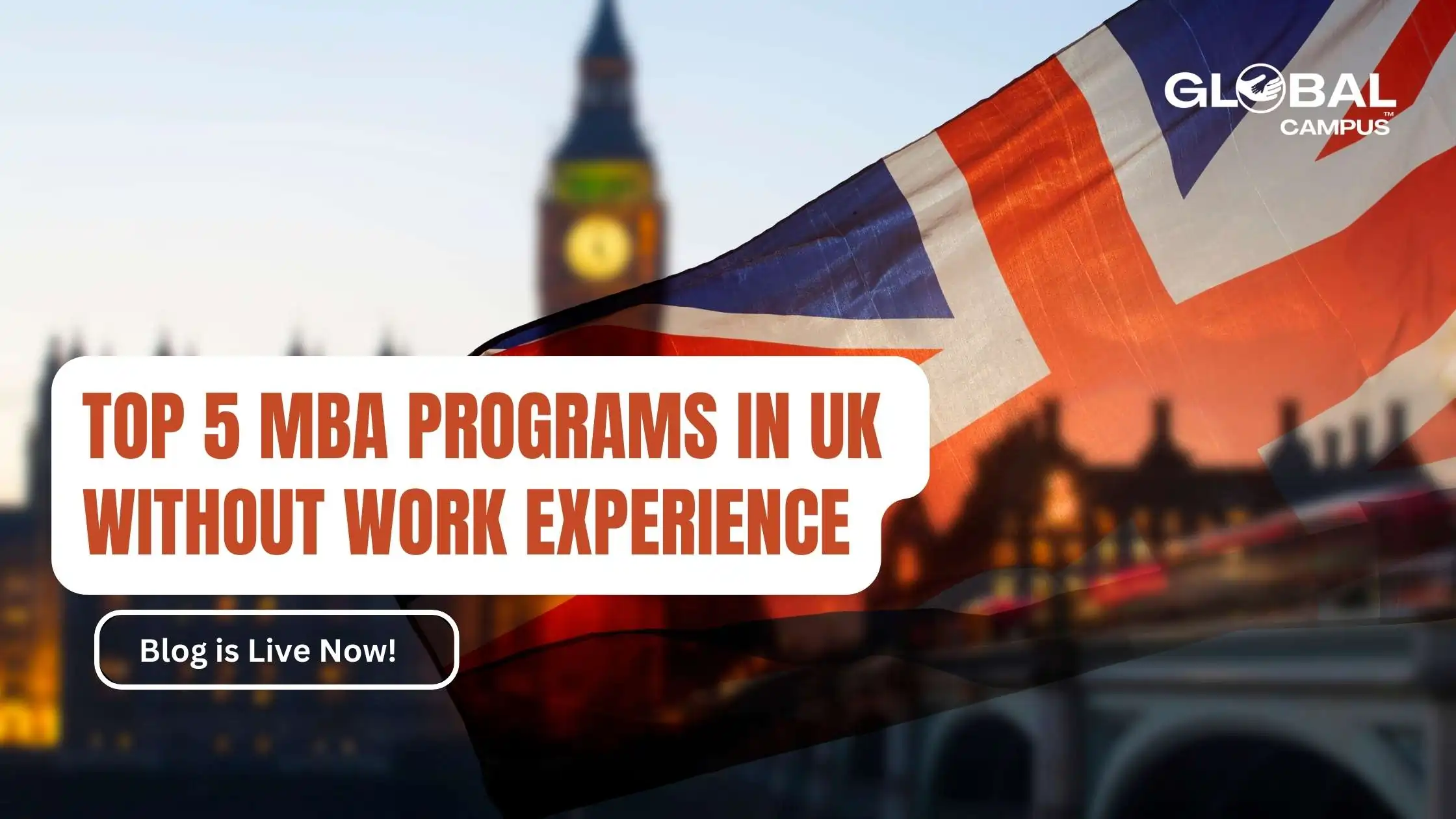 UK flag in the background and a banner that mentions "Study MBA in the UK Without Work Experience."