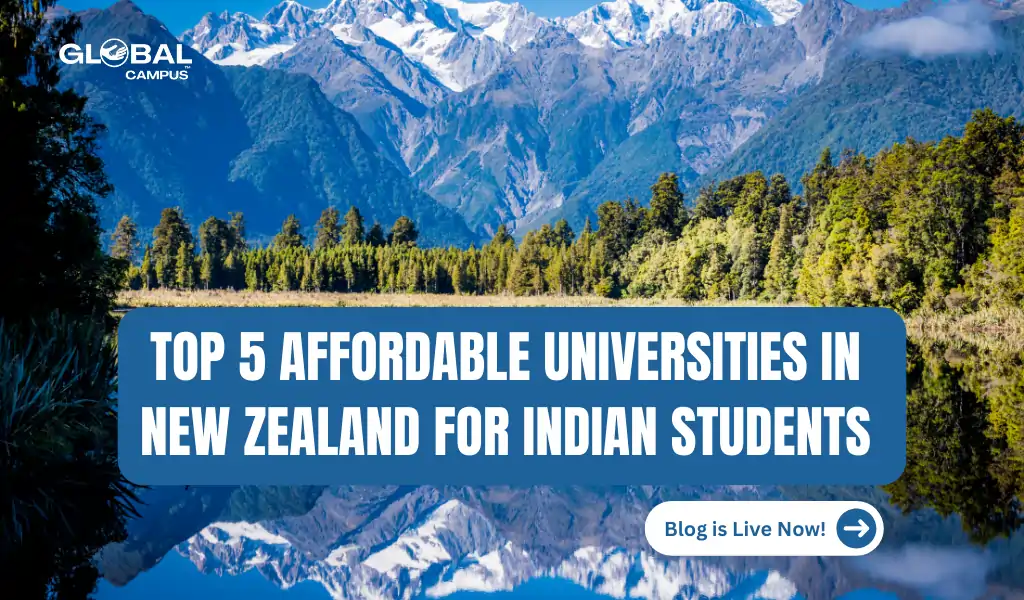 Snow-clad mountains of New Zealand with lush green trees depicting the "Top 5 Affordable Universities in New Zealand for Indian Students"