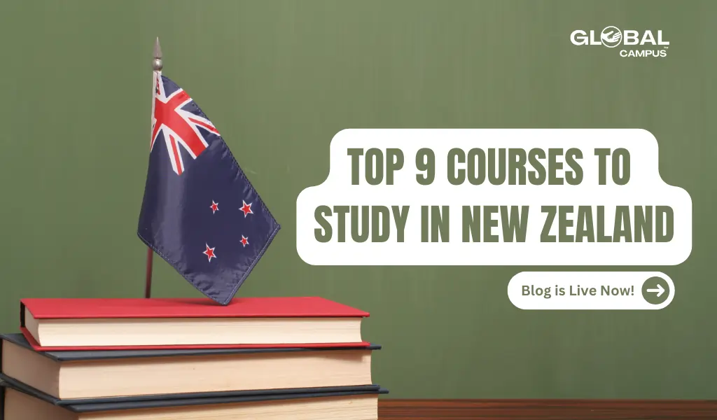 New Zealand flag with books depicting the Top 9 Courses to Study in New Zealand.