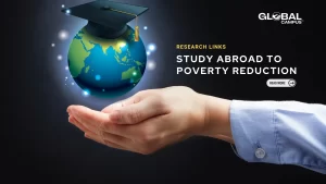 A globe with graduation cap on top, placed in the human hands, signifying How Studying Abroad Helps in Reducing Poverty in India.