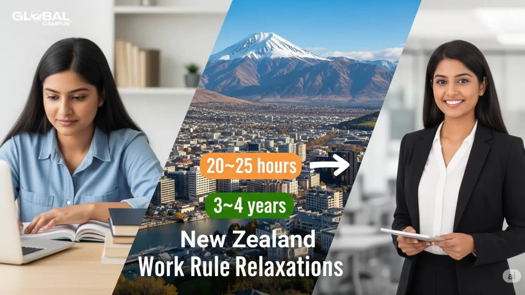 New Zealand work rule relaxations for Indian students showing increase from 20 to 25 work hours and extended 4-year post-study visa benefits.